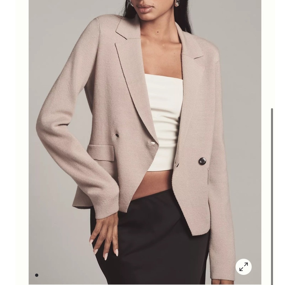 Maeve Taupe Double Breasted Knit Blazer Jacket Beige Notched Lapel Large